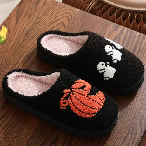 Halloween Pumpkin Ghost Embroidered Plush Slippers, Fluffy House Shoes, Comfortable Indoor Home Shoes for Men & Women, Fall Season Gift Idea