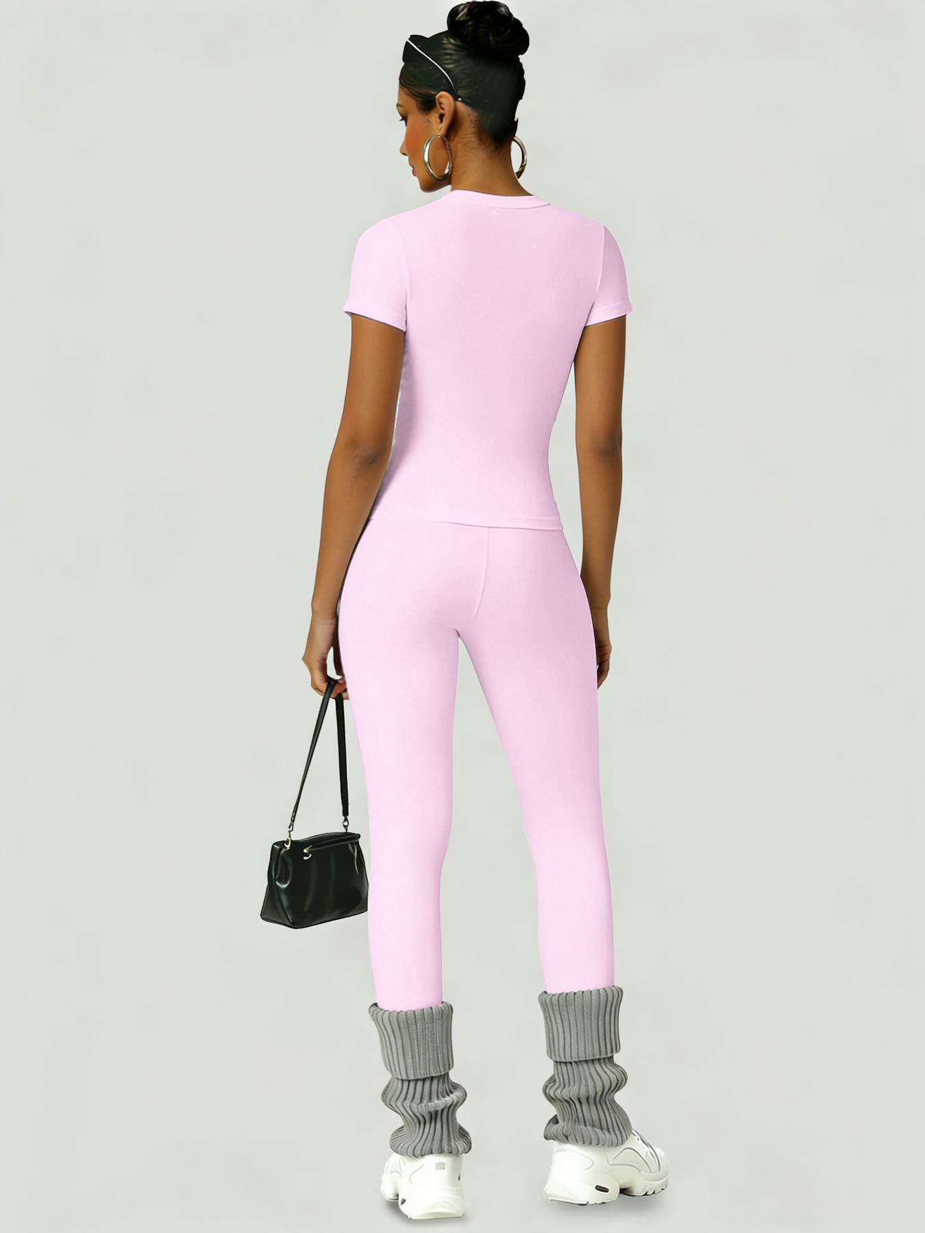 Women's Sporty Slim Fit High-Waisted Yoga Pants & Short Sleeve Round Neck Tee Set, Soft Breathable Activewear for Gym, Running and Outdoor Activities