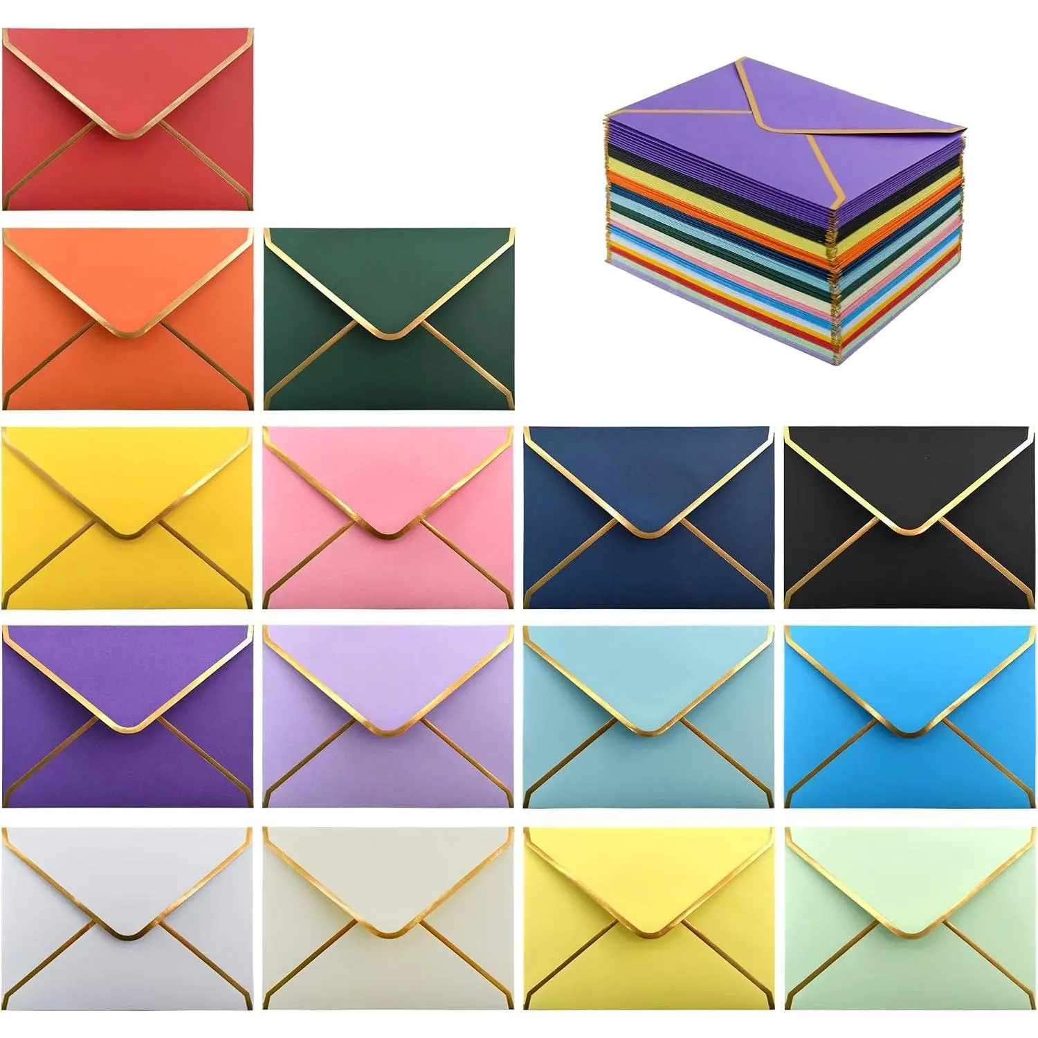 150 PCS Colorful Invitation Envelopes Self Seal A6 Envelopes V Flap with Gold Border for 4 x 6 Greeting Cards, Wedding Invitations, Graduations, Photos (15 Assorted Colors, A6)