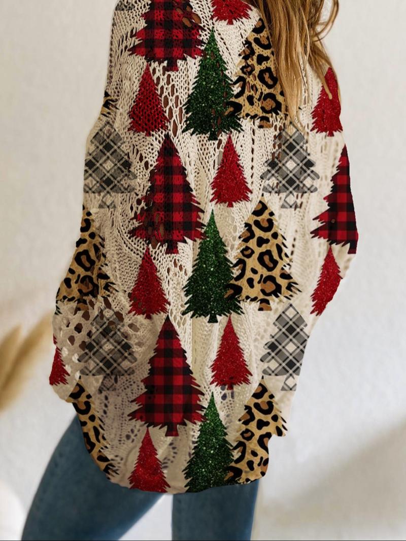 Women's Christmas Tree Print Knit Top, Long Sleeve V Neck Hollow Out Design, Casual Elegant Holiday Wear, Ladies Sweater Vest, Knitwear