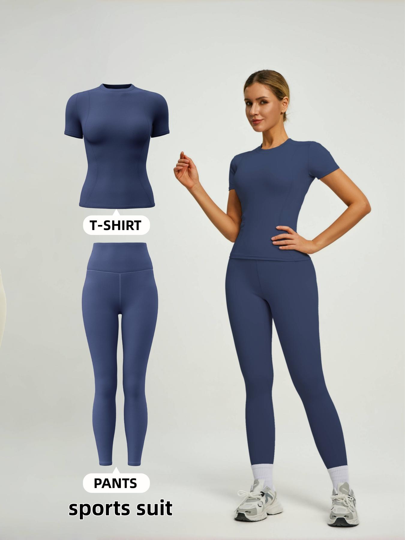 Women's Short Sleeve Sporty Set, High Waist Yoga Pants & T-Shirt Combo, Ideal for Fitness Gym Sculpting Workout, Workout Running Clothes