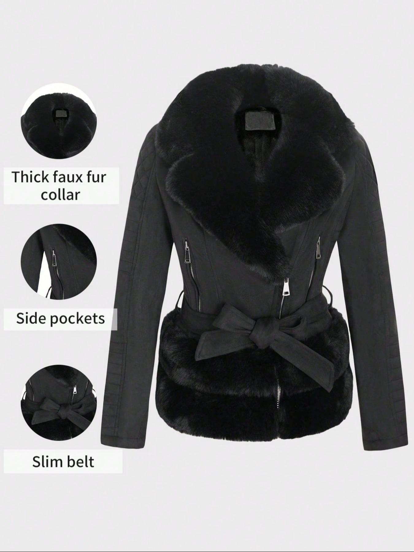 Women's Fall Winter PU Jacket, Vintage Style Fitted Long Sleeve Coat, Warm Daily Wear with Adjustable Waist Belt, Casual Plain Design