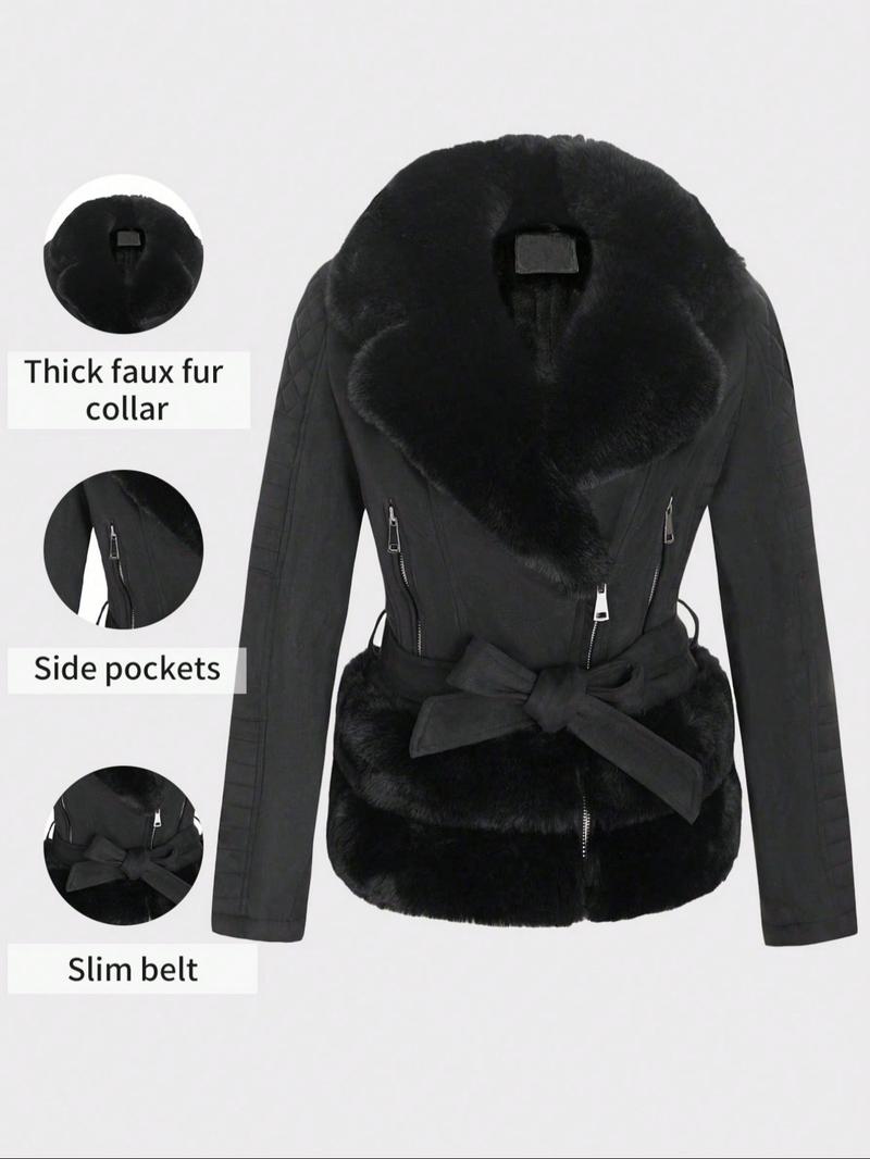 Women's Fall Winter PU Jacket, Vintage Style Fitted Long Sleeve Coat, Warm Daily Wear with Adjustable Waist Belt, Casual Plain Design