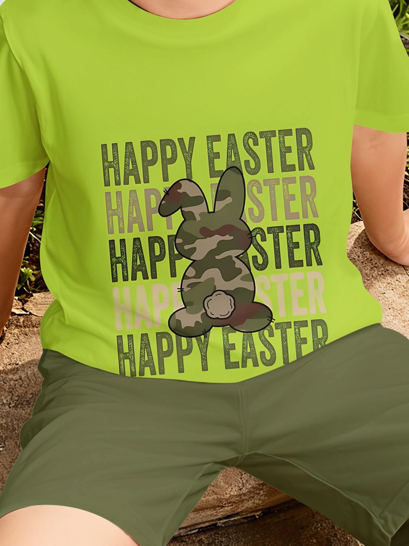 Fluorescent Green Camouflage Rabbit HAPPY EASTER Two-Piece Short Sleeve and Shorts Set, 100% Polyester Casual Loose Outfit, Summer Fun Printed Pattern, Outdoor Sports T-Shirt Set, Perfect Gift for Boys