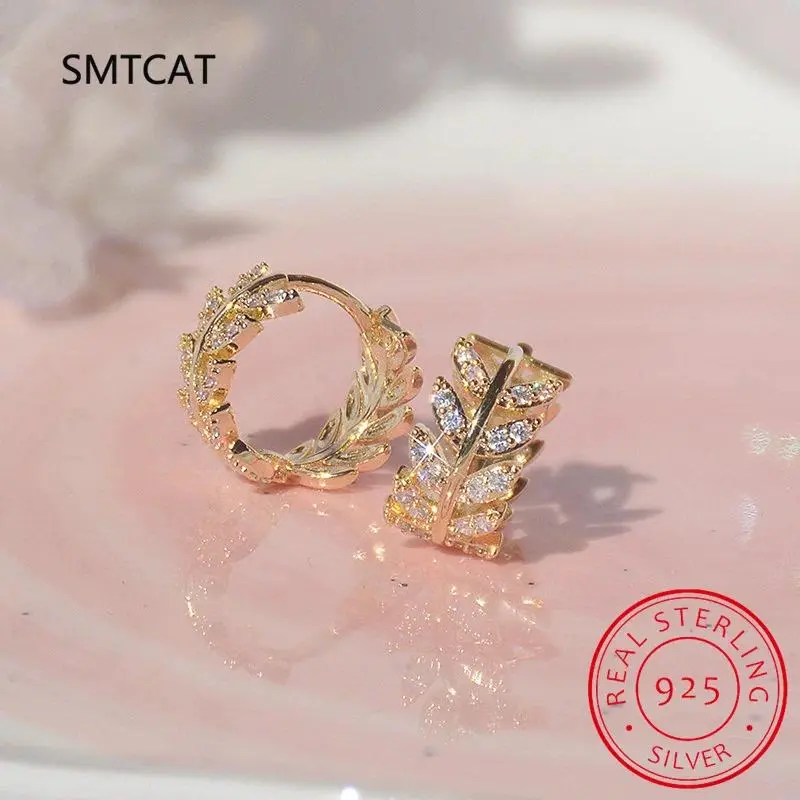 Moissanite Diamond Hoop Earrings 925 Sterling Silver Piercing Certified Gold Fish Bones Leaf Earring 14k for Women Girl Jewelry