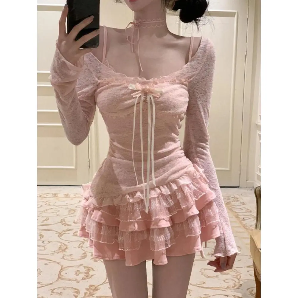 Women Mini Skirt 2 Piece Set Long Sleeve Coquette Thin Tops Y2k Mini Skirt Kpop Girl 2000s Aesthetic Outfits Vintage Suits