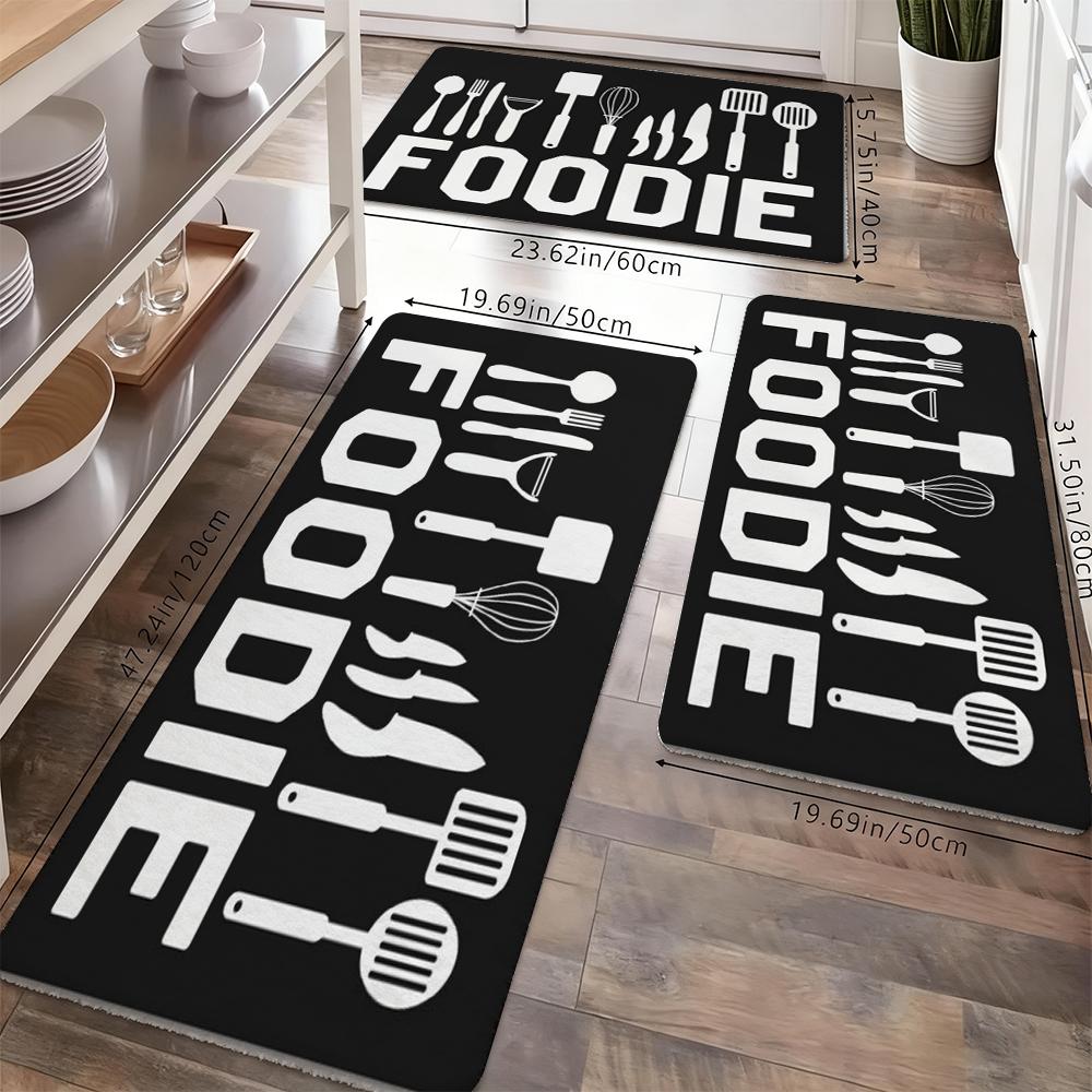 FOODIE Kitchen Rug Set, Black & White Utensil Pattern Non-Slip Washable Floor Mats, Chef Themed Runner Rugs for Kitchen, Dining Room & Home Decor