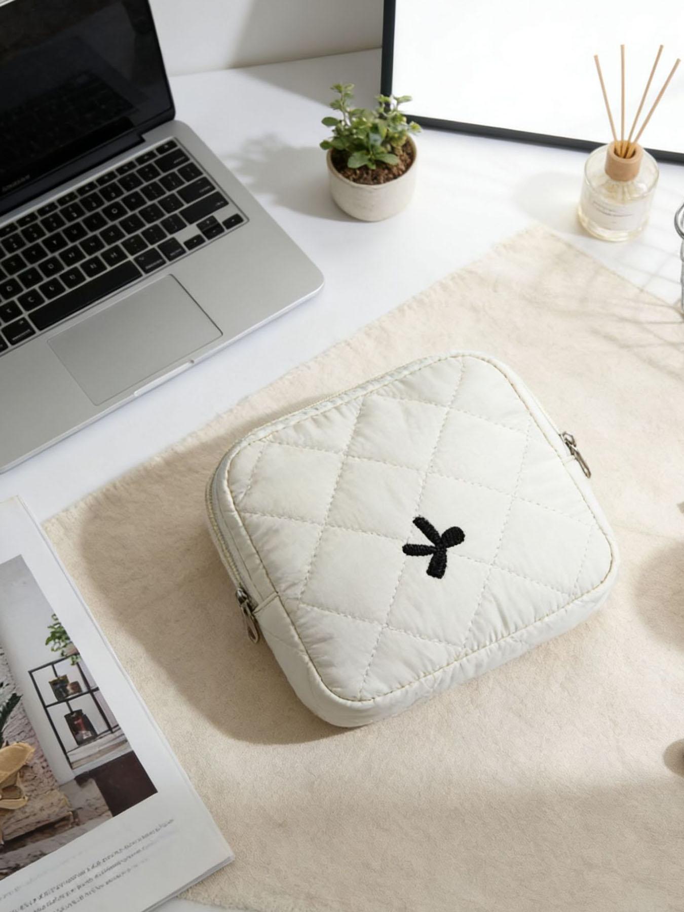 Bow Embroidery Quilted Makeup Bag, Small Portable Cosmetic Pouch for Women, ONLY 1 PC