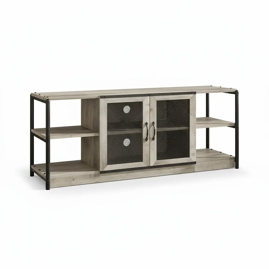 Garvee Farmhouse Industrial TV Stand for 65/75" TVs, 71" Entertainment Center - Double Mesh Doors, Storage Cabinet & 4 Shelves