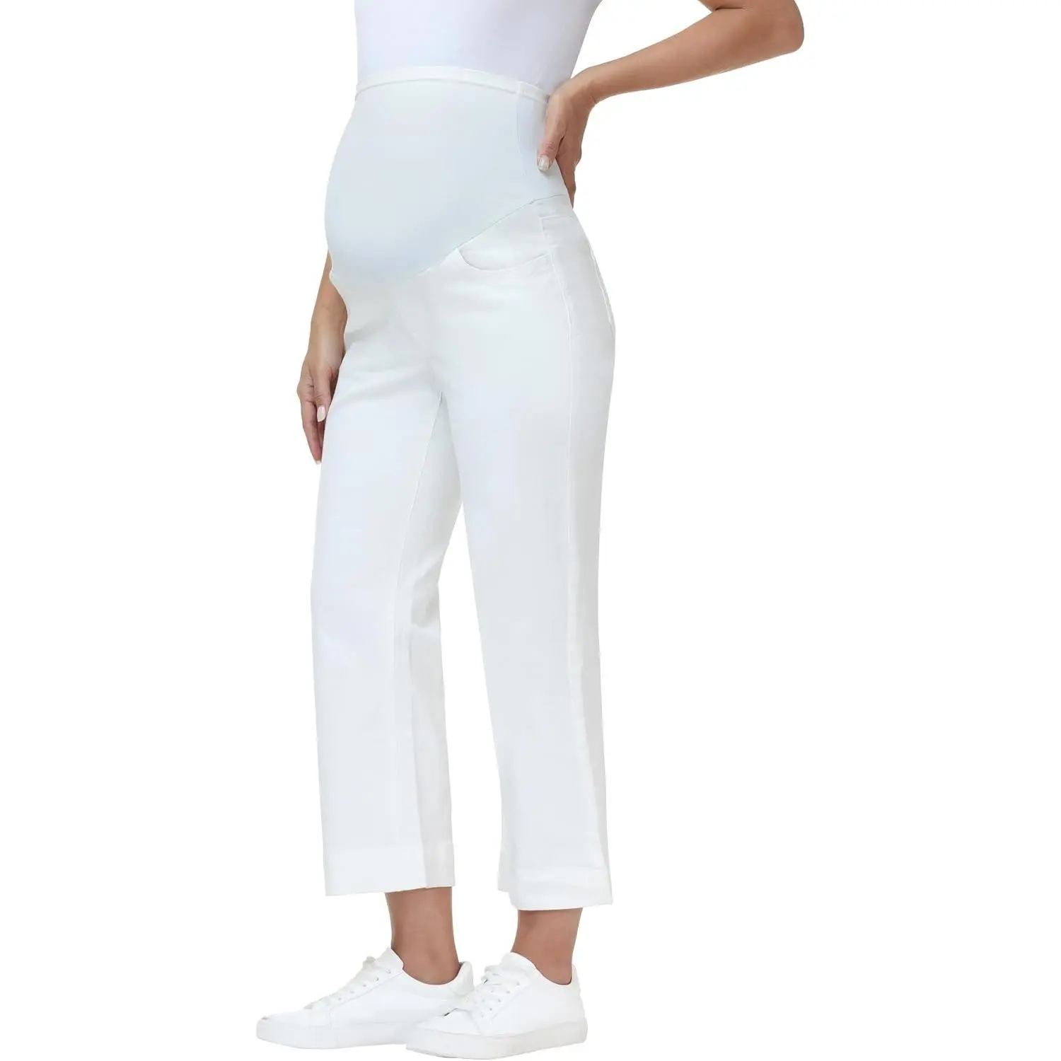 Women's Maternity Jeans Cropped Pants | Wide Leg Cut, Over Belly Fit, Stretchy Maternity Denim Capris, Pregnancy Capri Jeans