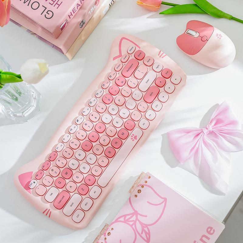 Mofii Pink Cat Keyboard and Mouse Combo, 2.4G Wireless Connection, Cute Aesthetic, Silent Office Use, Compact 2-Zone Keyboard, Universal for Desktops & Laptops, US QWERTY Layout (Batteries Not Included)