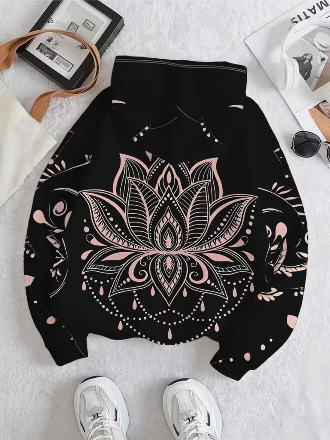 Women's Lotus Mandala Print Hoodie, Boho Bohemian Style Casual Long Sleeve Top, Loose-Fitting All Seasons Apparel