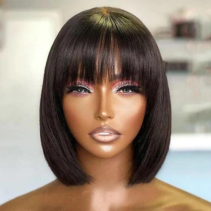 Bob Wig Human Hair With Bangs Glueless Straight 4x1 Transparent Lace Bob Wigs With Upgrade Breathable Bangs Natural Color for Women