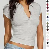 【Black Friday】Women's Solid-Color Slim-Fit Cropped Polo Shirt, Comfortable V-Neck Button-Front Cap-Sleeve Top for Casual Wear