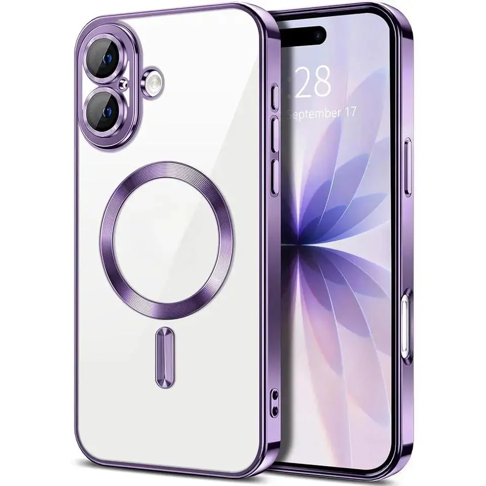 Phone case for iPhone 17 16 15 14 13 12 11 pro max plus, Compatible with Magsafe,  iphone 17 phone cases, Magnetic Clear  Case with Built-in Camera Lens Protector  Plating Edge Slim Soft TPU Cover Protective ,cute phone cases
