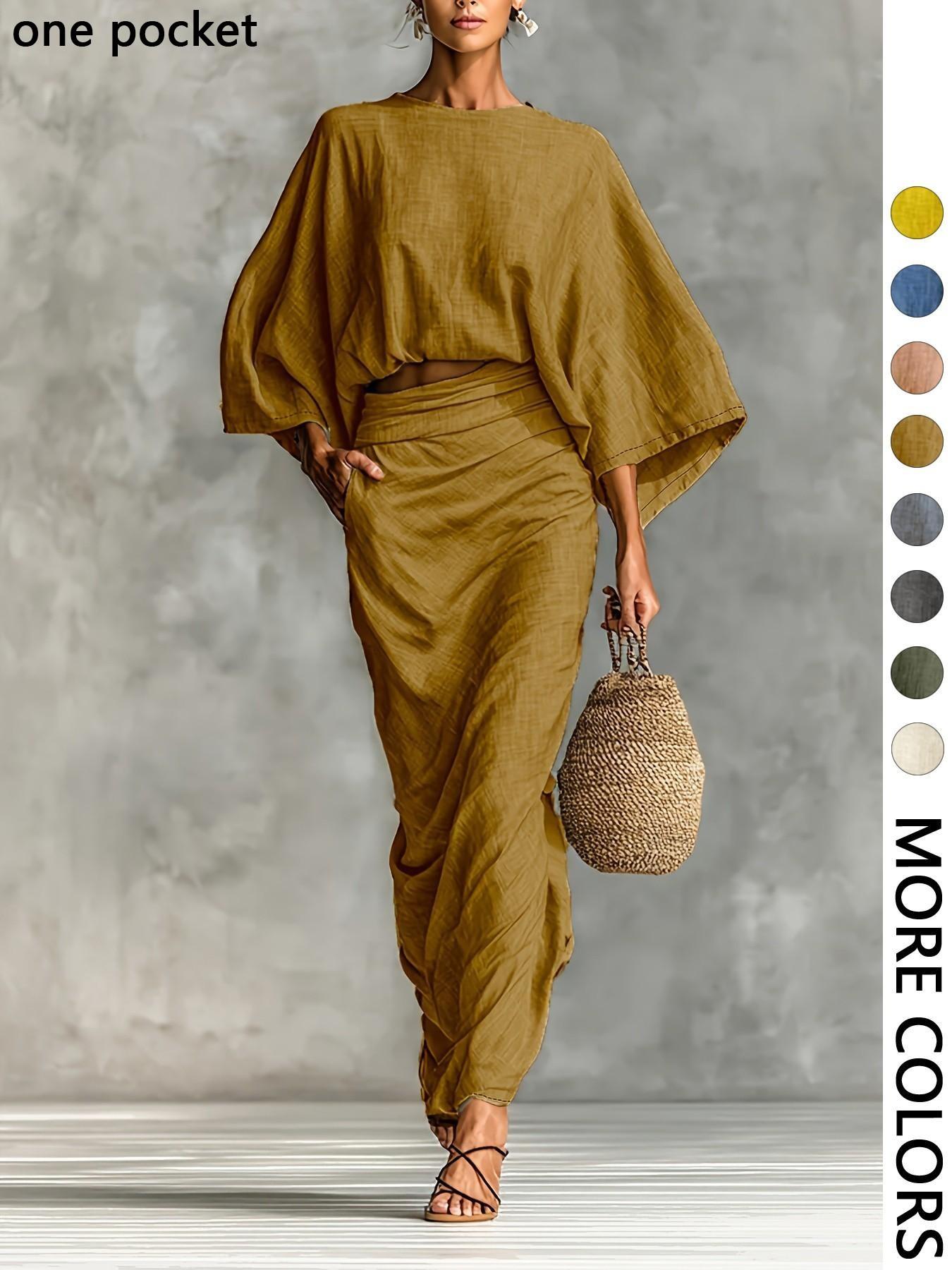 Women's Stylish Loose-Fitting Casual Two-Piece Set, Spring & Fall Comfortable Long Skirt with Waist Definition and Pocket one pocket..