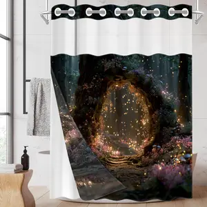 1pc hookless shower curtain with snap fastener, Forest Magic Arch 2D Flat Printing, fabric waterproof inner lining shower curtain with transparent window double-layer shower curtain, 71 x 74 inches, modern home curtain decoration, Bathroom Curtain