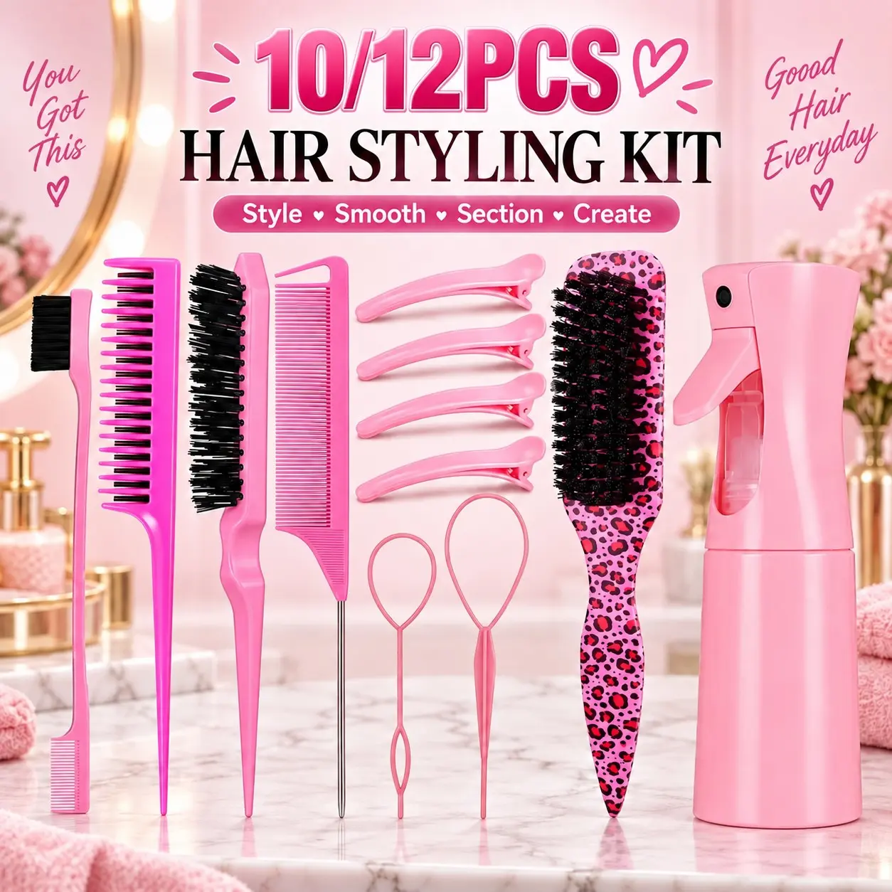 Hair Styling Kit for Women, All-in-One Hair Tools Set with Edge Brush, Rat Tail Comb, Styling Comb, Hair Clips & Spray Bottle for Sleek Hairstyles, Precise Parting, Smoothing, Sectioning and Everyday Hair Styling