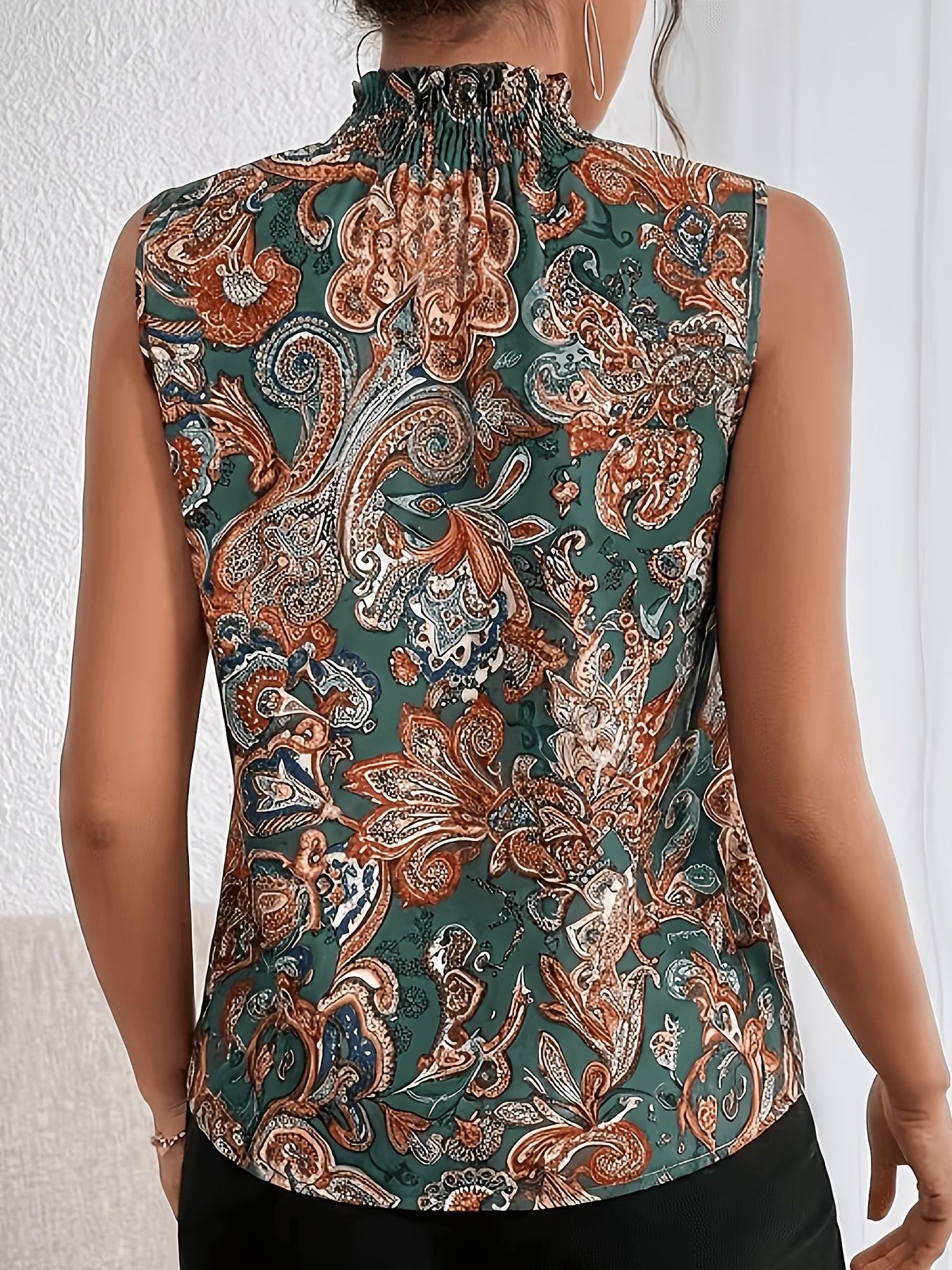 Random Print Sleeveless Shirt, Stand Collar High Neck Top, Summer Women's Fashion, Comfortable and Stylish, Perfect for Daily Wear