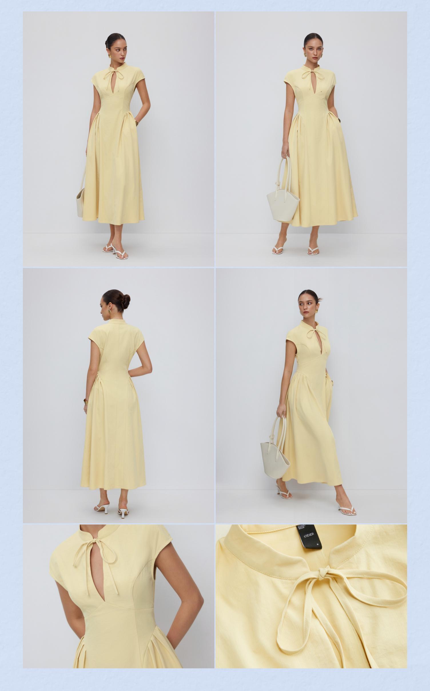 Cider Stand Collar Tie-Neck Short Sleeve Draped Pocket Flared Maxi Dress