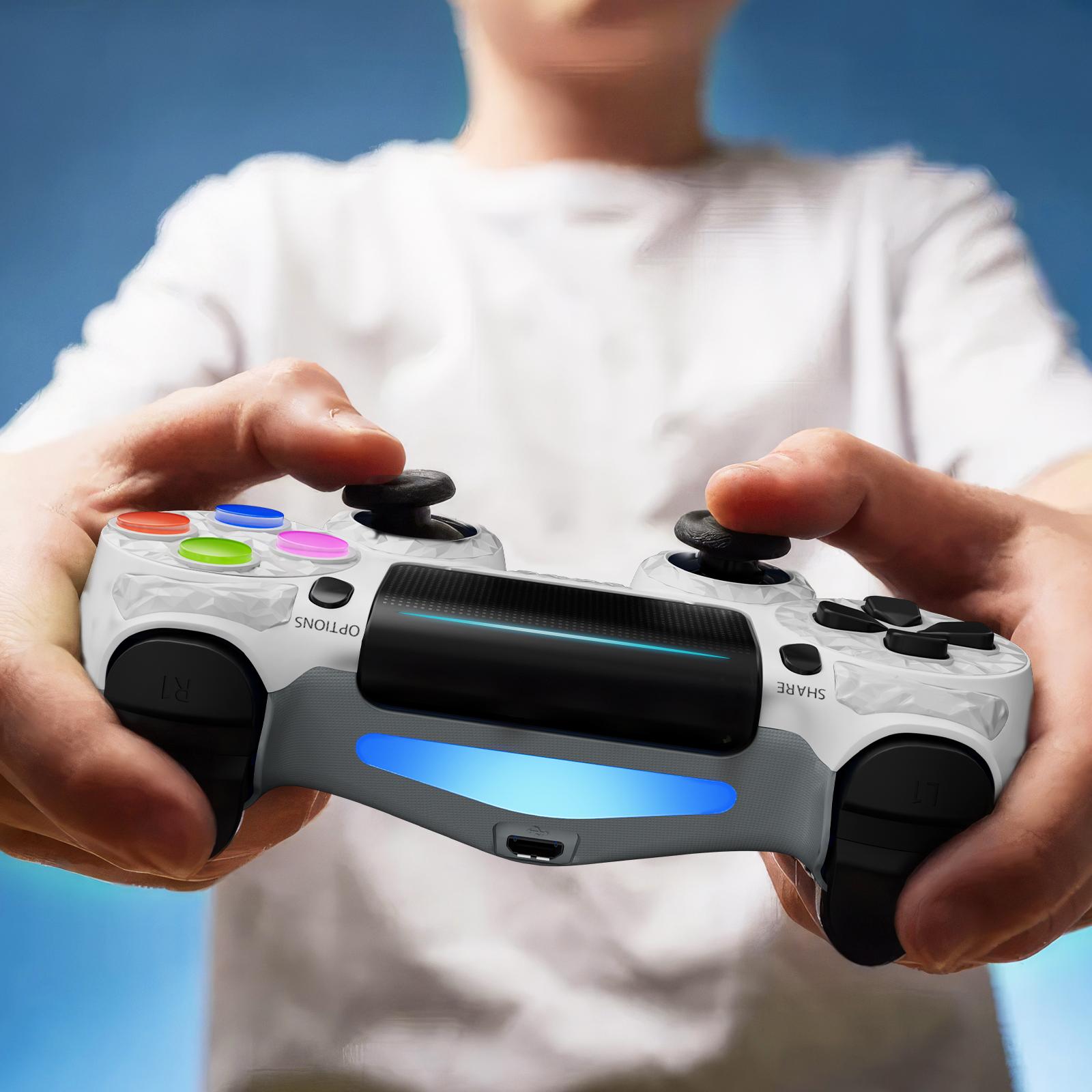 ISHAKO Wireless Game Controller For PS4/PS3/PC/Android/iOS, With Double Vibration, Six Axis Gyro, Touchpad, Built in speaker, Audio jack, PS4 games, gamepad, White PS413