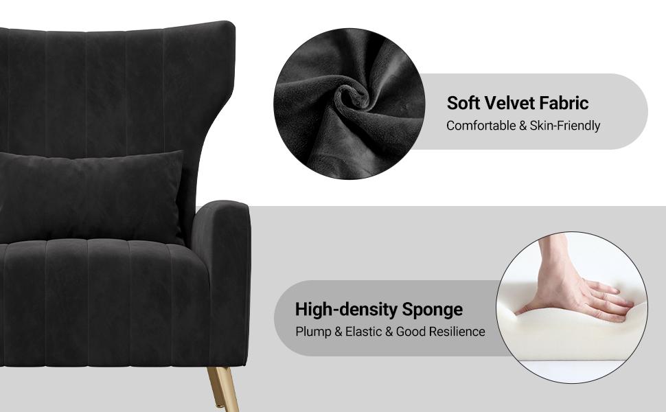 Velvet Accent Chair Wingback for Living Room, High Back Arm Chair with Golden Legs Lumbar Pillow, Upholstered Single Sofa Bedroom Beige