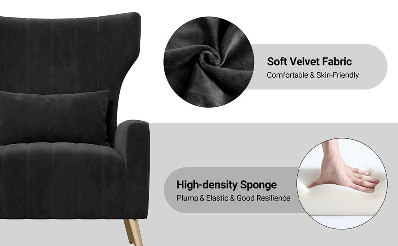 Velvet Accent Chair Wingback for Living Room, High Back Arm Chair with Golden Legs Lumbar Pillow, Upholstered Single Sofa Bedroom Beige