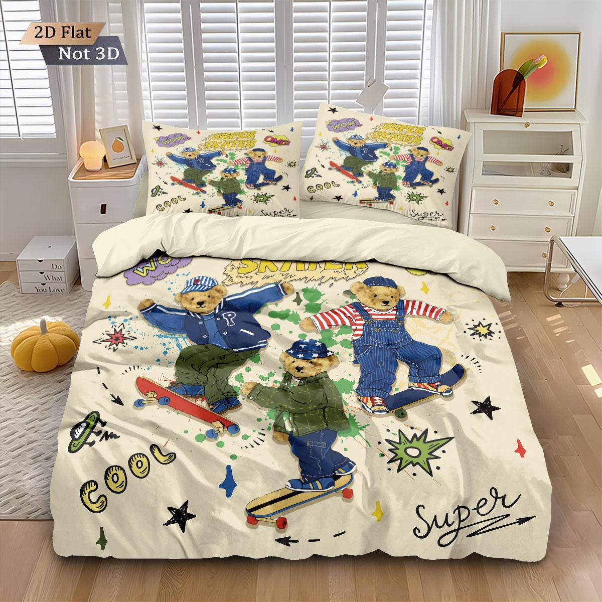3pcs COOL BEAR Print Soft Bedding Set with Includes 1* Duvet Cover and 2*Pillowcases, No filling，Perfect for Patriotic Bedding Gift, Home Decor, Bedroom Accessories