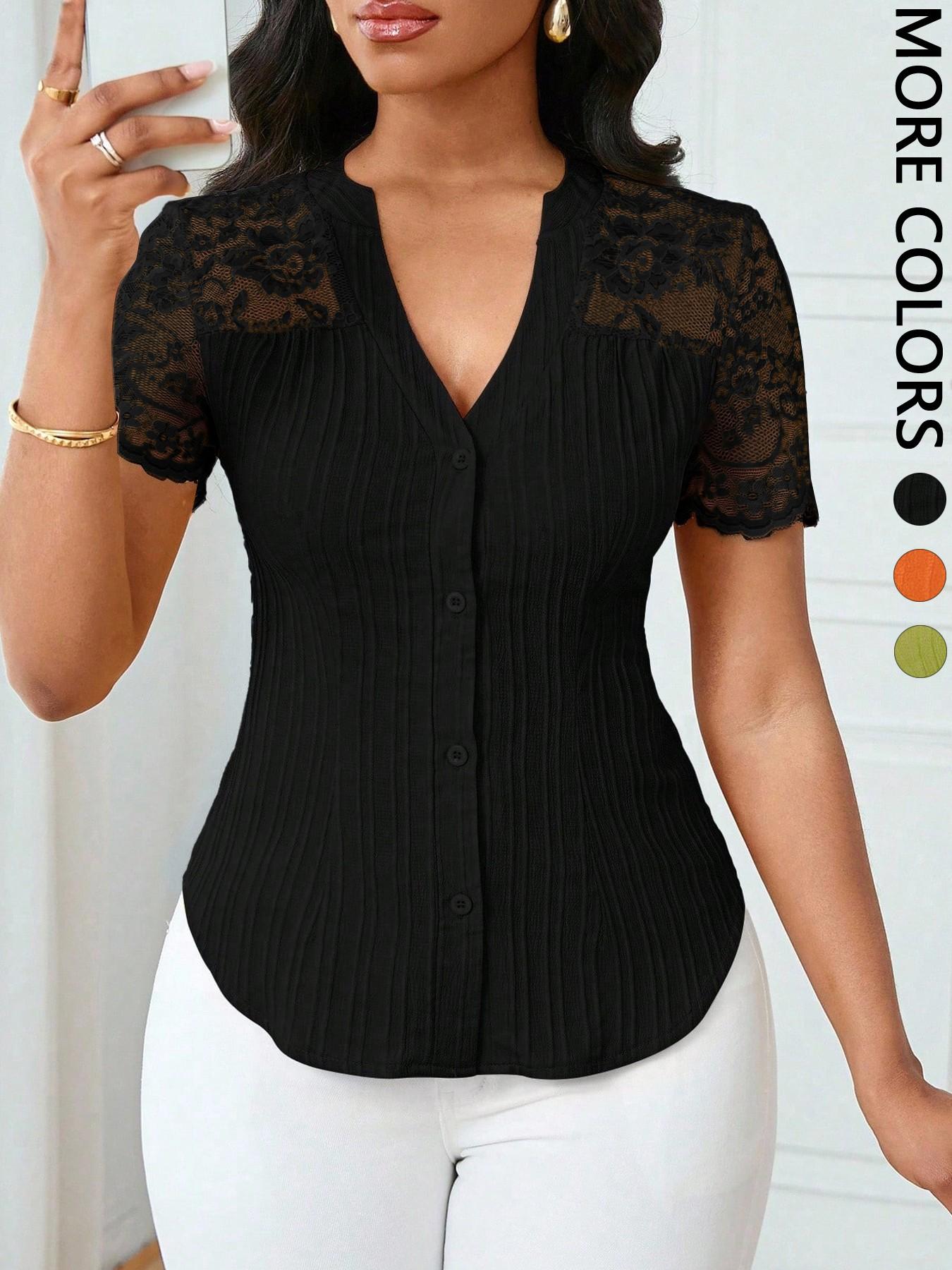 Women's Solid Color Simple Fitted Commuter Casual Shirt Summer Style, Ladies Plain Design Office Wear, Comfortable and Stylish Blouse