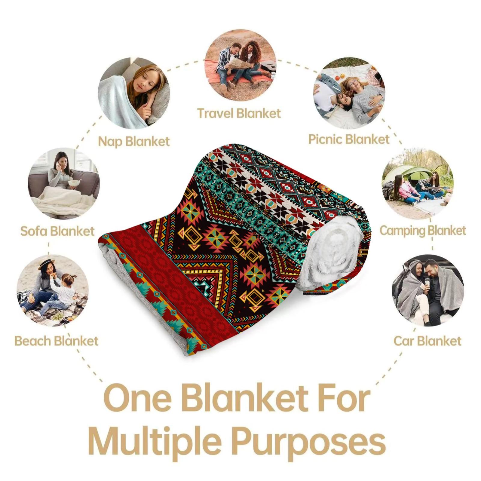 Bohemian Style Flannel Blanket, Single-Side HD Print, Tribal Geometric Style, Soft and Lightweight, Multi-Purpose for Napping, Camping, Picnic and Home Decor, Suitable for Teens and Adults