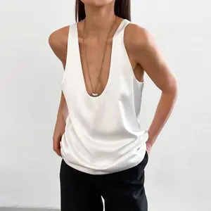 Satin U-Neck Sleeveless T-Shirt For Women's Versatile Black White Temperament Street Style Tank Top Sleeveless Versatile Lining
