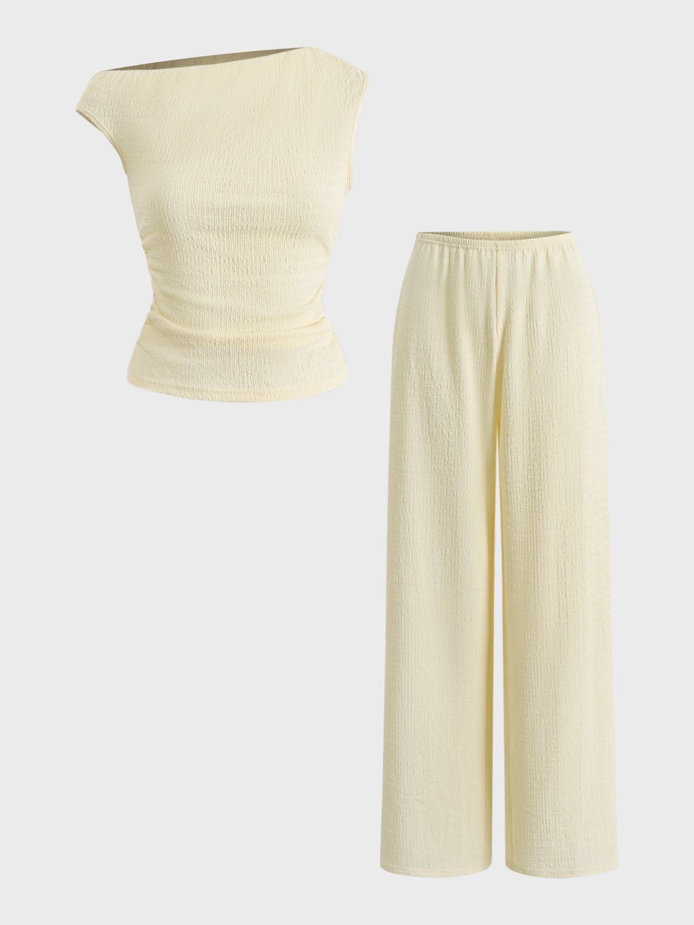 Women's High-Waisted Loose-Fitting Two-Piece Set, Casual Plain Design, Regular Fit Long Pants & Top Combo, Daily Wear