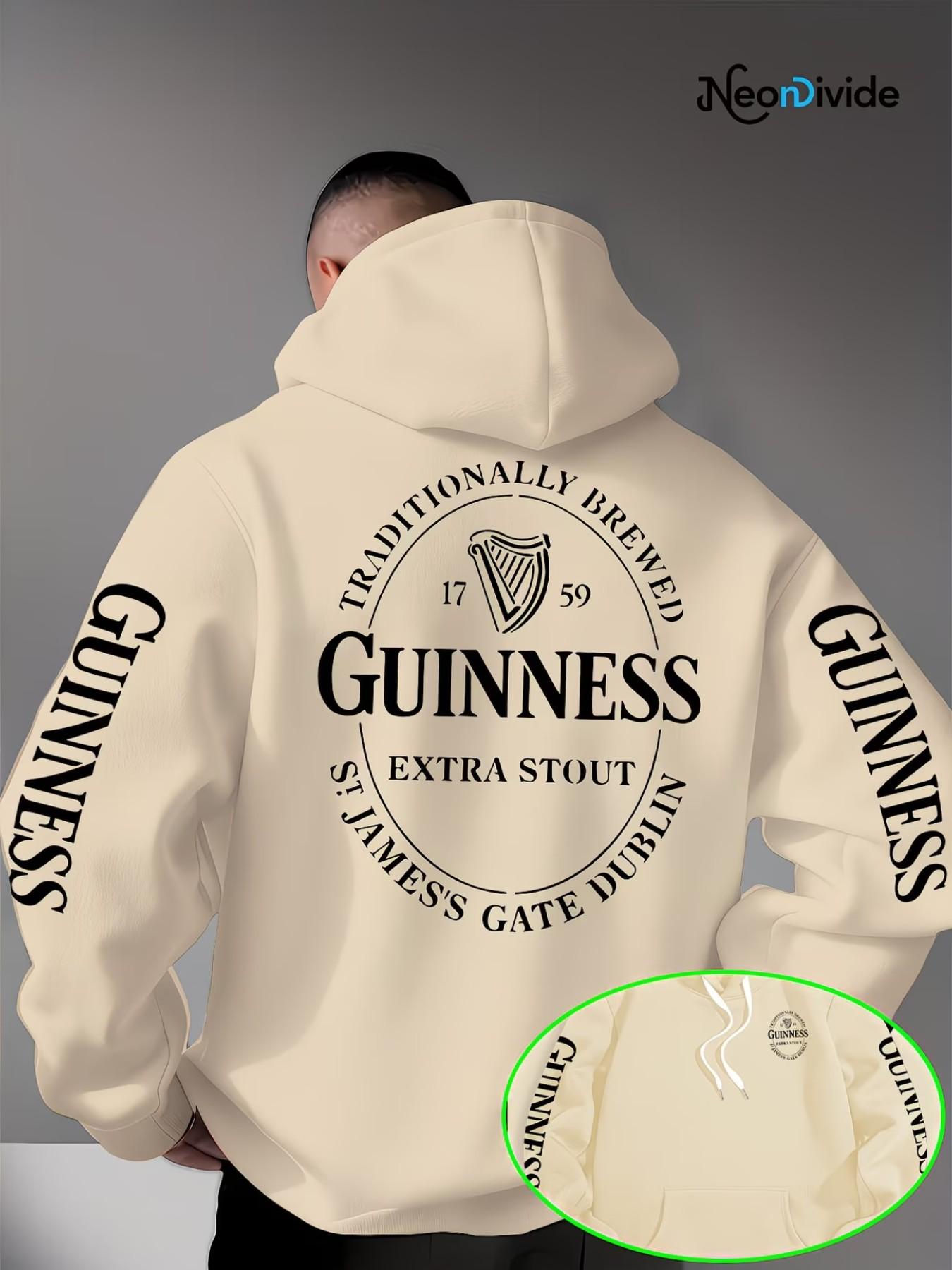 Trendy Men's Guinness Print Hoodie, Drawstring Kangaroo Pocket Design, Loose Fit, Lightweight Knit, Fall Winter Streetwear