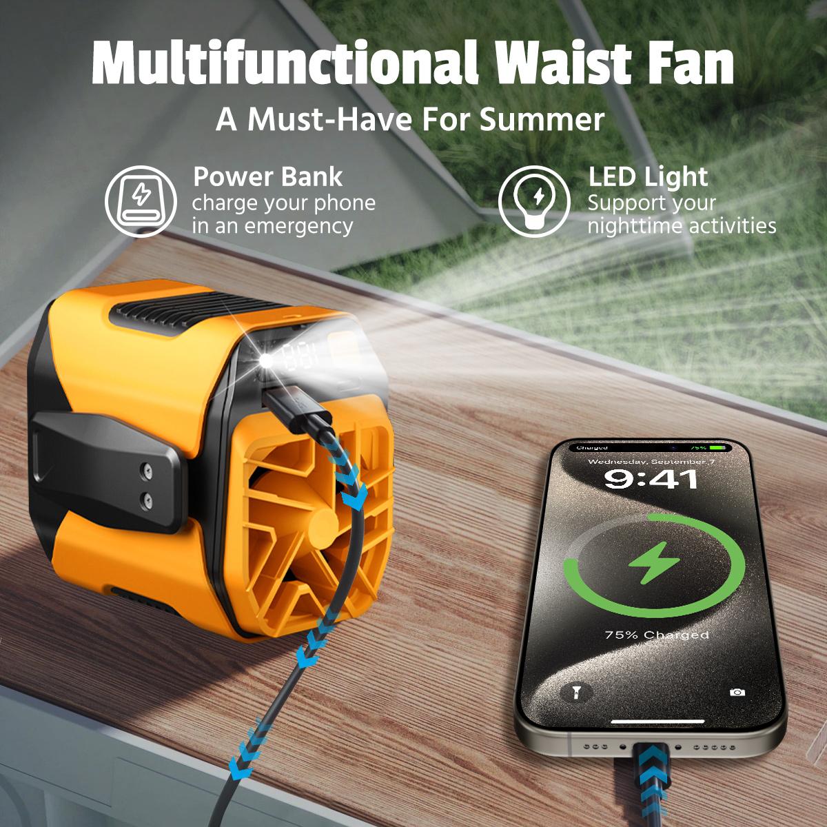 Portable Waist Fan Under Shirt Rechargeable 5000mAh Powerful Wind for up to 24 Working Hours Personal Cooling Fan Mini Hands-Free Fan With Flashlight for Outdoor & Travel Orange