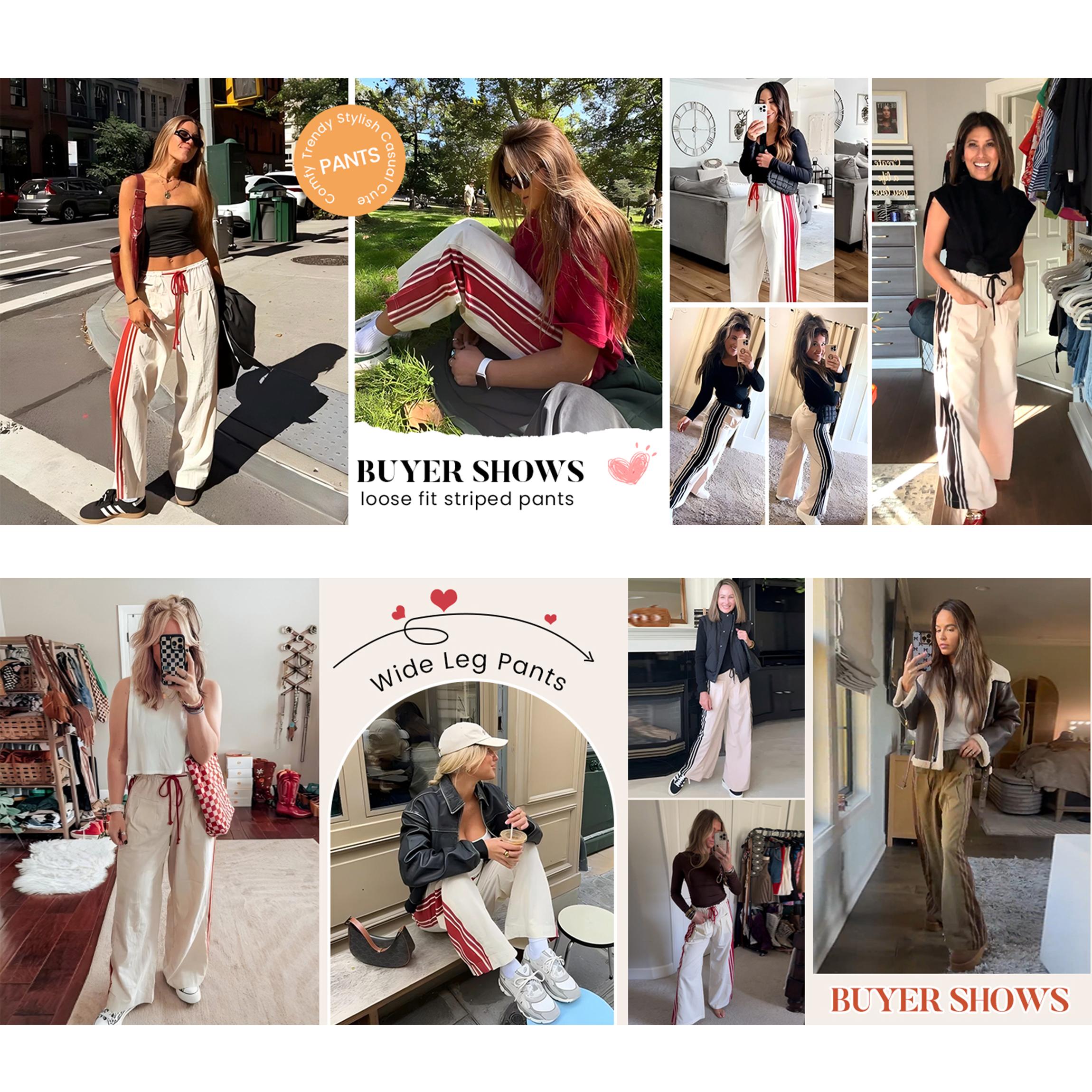 Buenoble Women's Wide Leg Side Stripe Pants Loose Fit High Waist Drawstring Track Pants Casual Streetwear Joggers