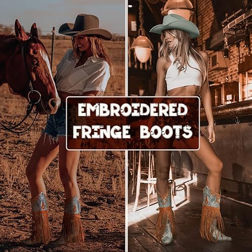 Fringe Cowgirl Boots-Square Toe Chunky Heel Cowboy Boots
