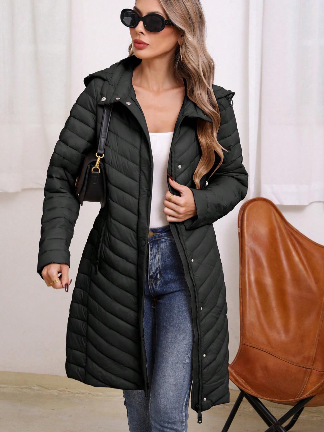 Women's Winter Mid-Length Hooded Casual Cotton Jacket, Simple Style Commuter Lightweight Outerwear for Fall & Winter, Fitted Plain Design