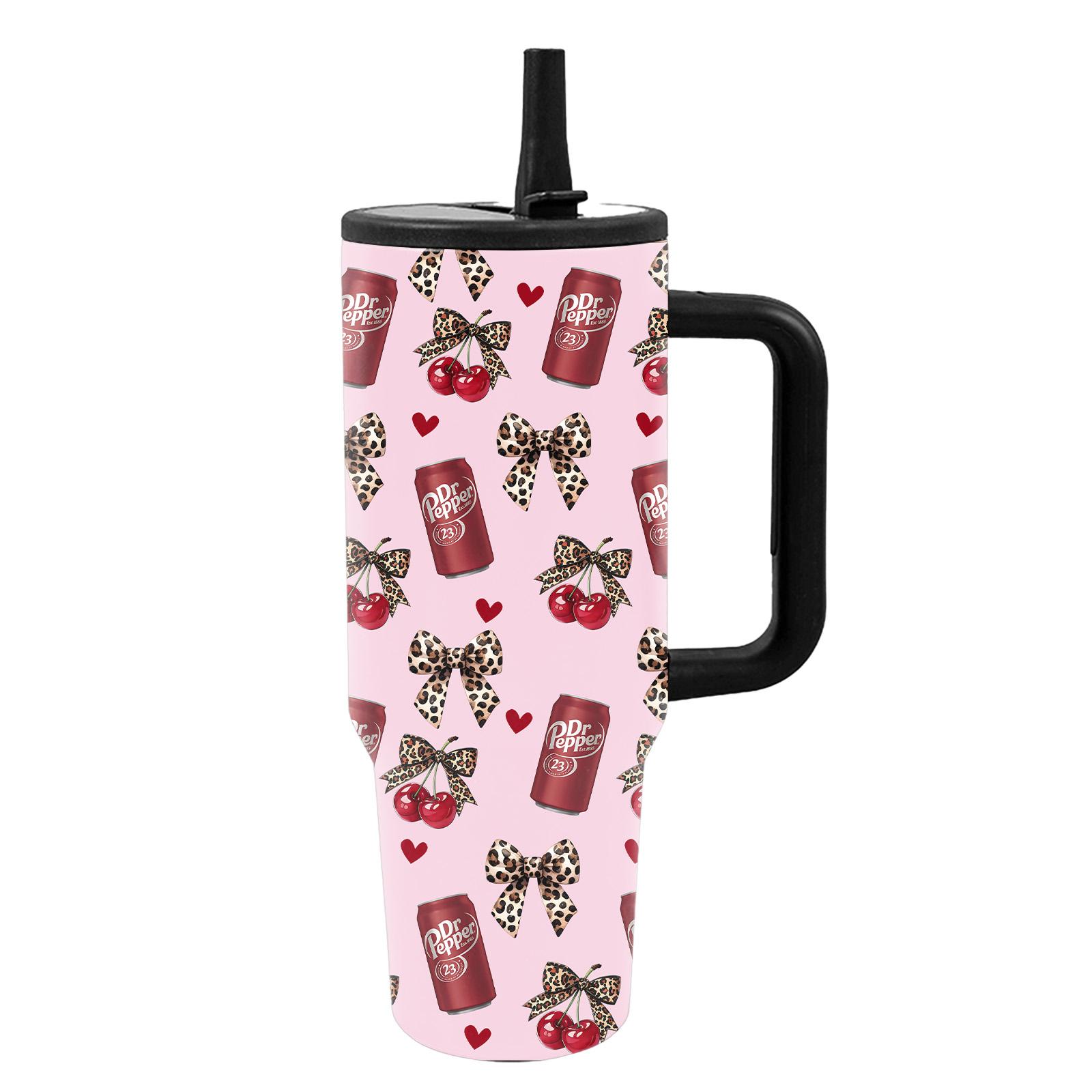 Siphalo 40oz Vacuum Cup with Handle & Straw, Double-Wall Stainless Steel Insulated Tumbler, Tumbler with Lid, Leak-Proof Thermal Mug That Keeps Drinks Hot for 12 Hours & Cold for 24 Hours, Cherry Soda Heart Pattern, Valentine's Day & Birthday Gift
