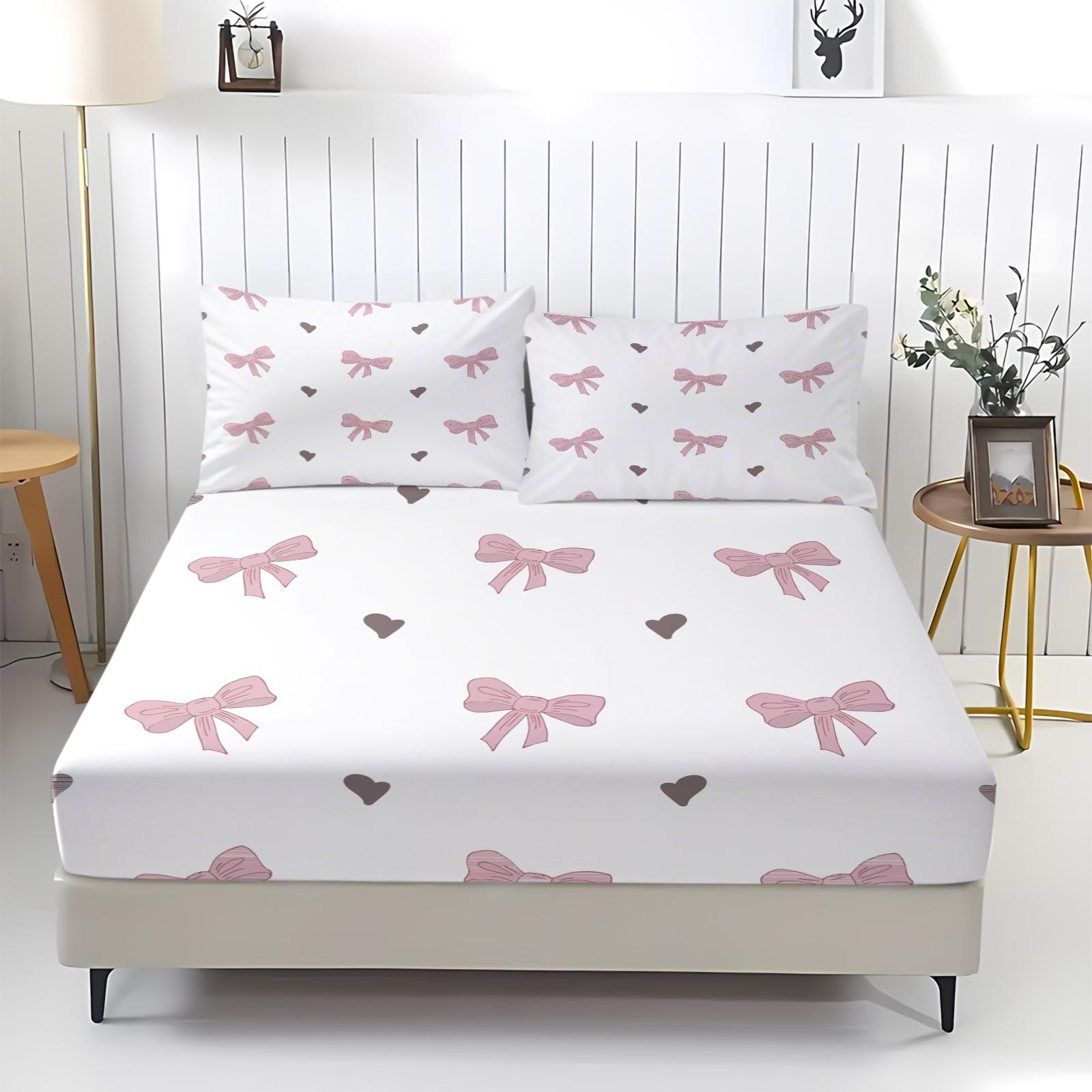 Pink bow bed sheet with comfortable printed pattern, including 1 bed sheet and 2 pillowcases, comfortable bedding, anti slip dust cover suitable for bedrooms and guest rooms, suitable for adult bedroom and guest room decoration gifts, Bed Sheets Set