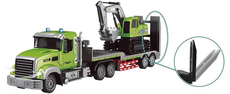 RC Semi Truck & Excavator Toy Set,1:12 RC Semi-Trailer Truck with Sound and Lights,2.4Ghz Remote Control Flatbed Truck with Green Excavator Toys remoto
