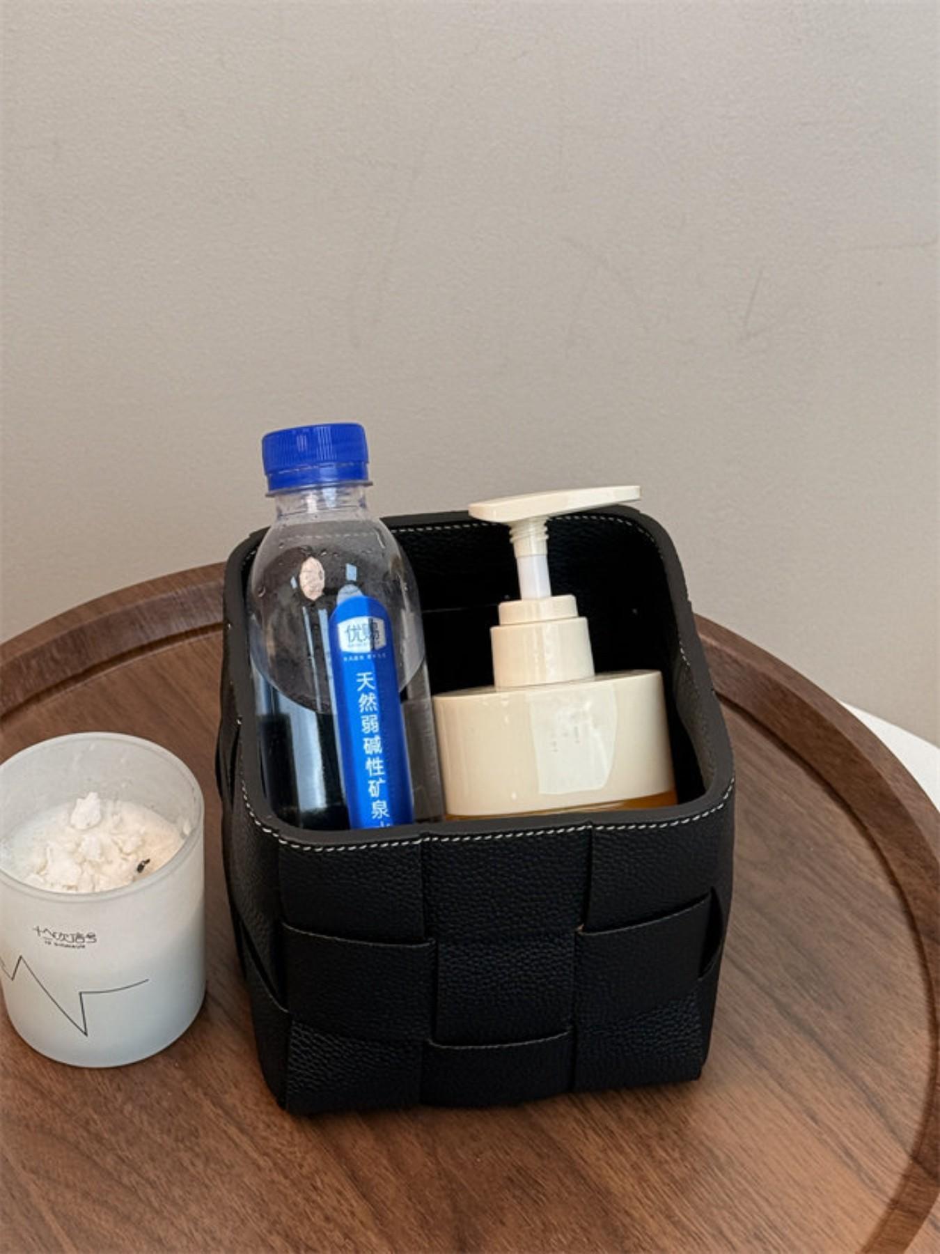 High-Quality top-grain leather Storage Basket, Elegant Makeup Brush Organizer, Perfect for Vanity & Bathroom, Essential for Beauty Bloggers