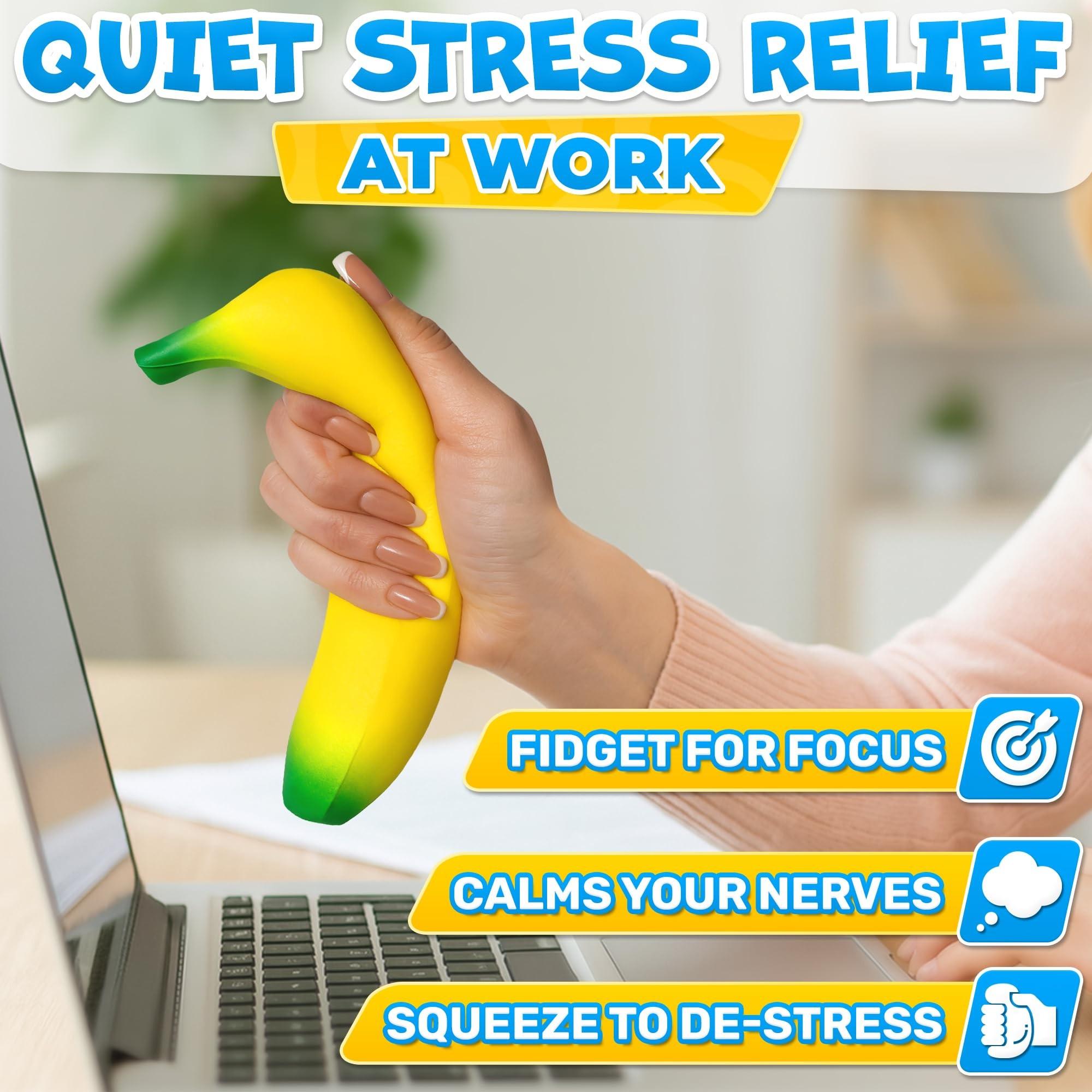 Banana Stress Relief Fidget Toy, Stress Relief Fidgeting, 6.7 X 1.4 Inch Soft PU Foam Desk Accessory, Lightweight Squeeze Fidget Toy for Adults, Novel Office Decor and Relaxation Tool