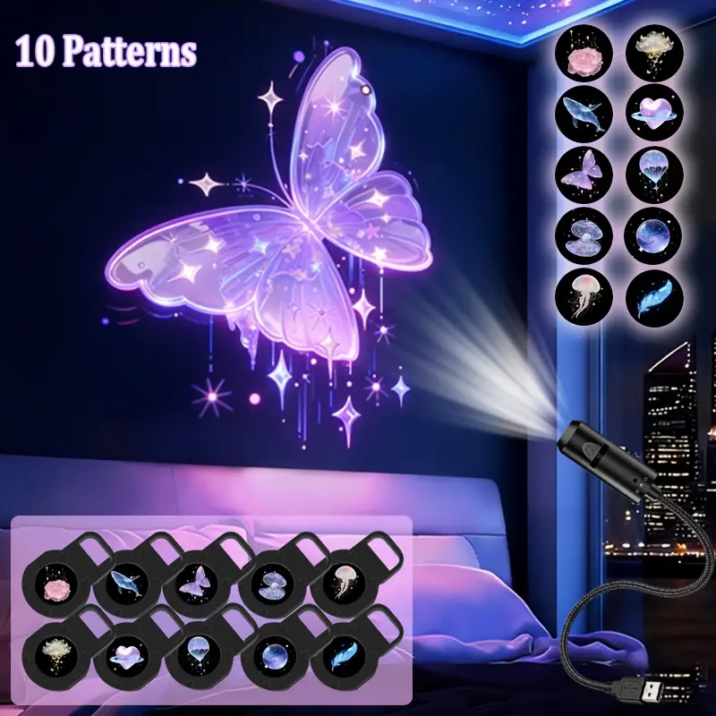 10pc Pattern LED Projector Night Light, Creative Dream LED Projector Lamp, 360° Rotatable LED Night Glow, Room Bed Ceiling Decor