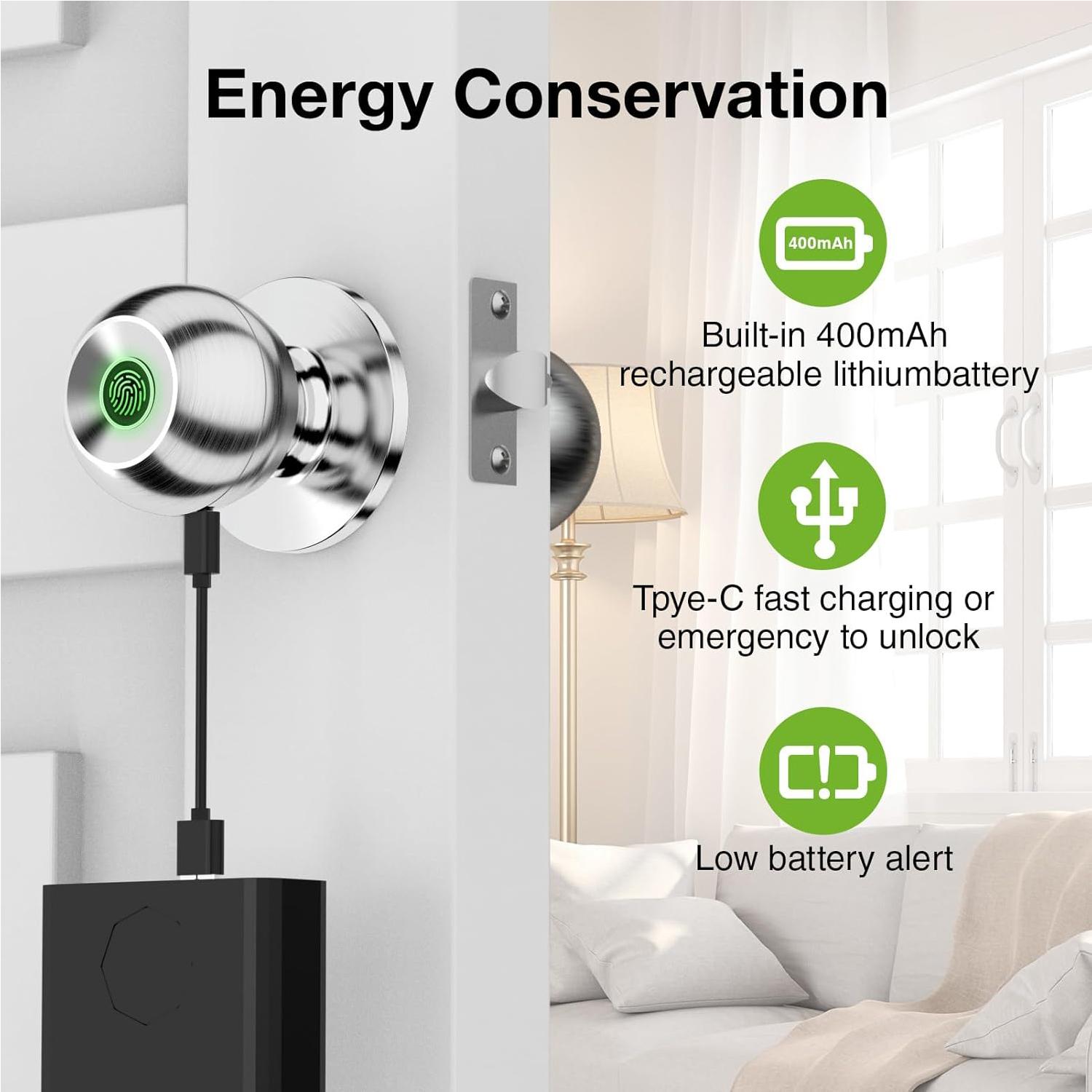 Valentine's Day Gift EUERTE Fingerprint Door Knob Biometric Smart Lock with APP Control 3-In-1 Fingerprint Unlock 5s Auto-Lock Rechargeable Battery Easy Installation for Bedroom Garage Apartment