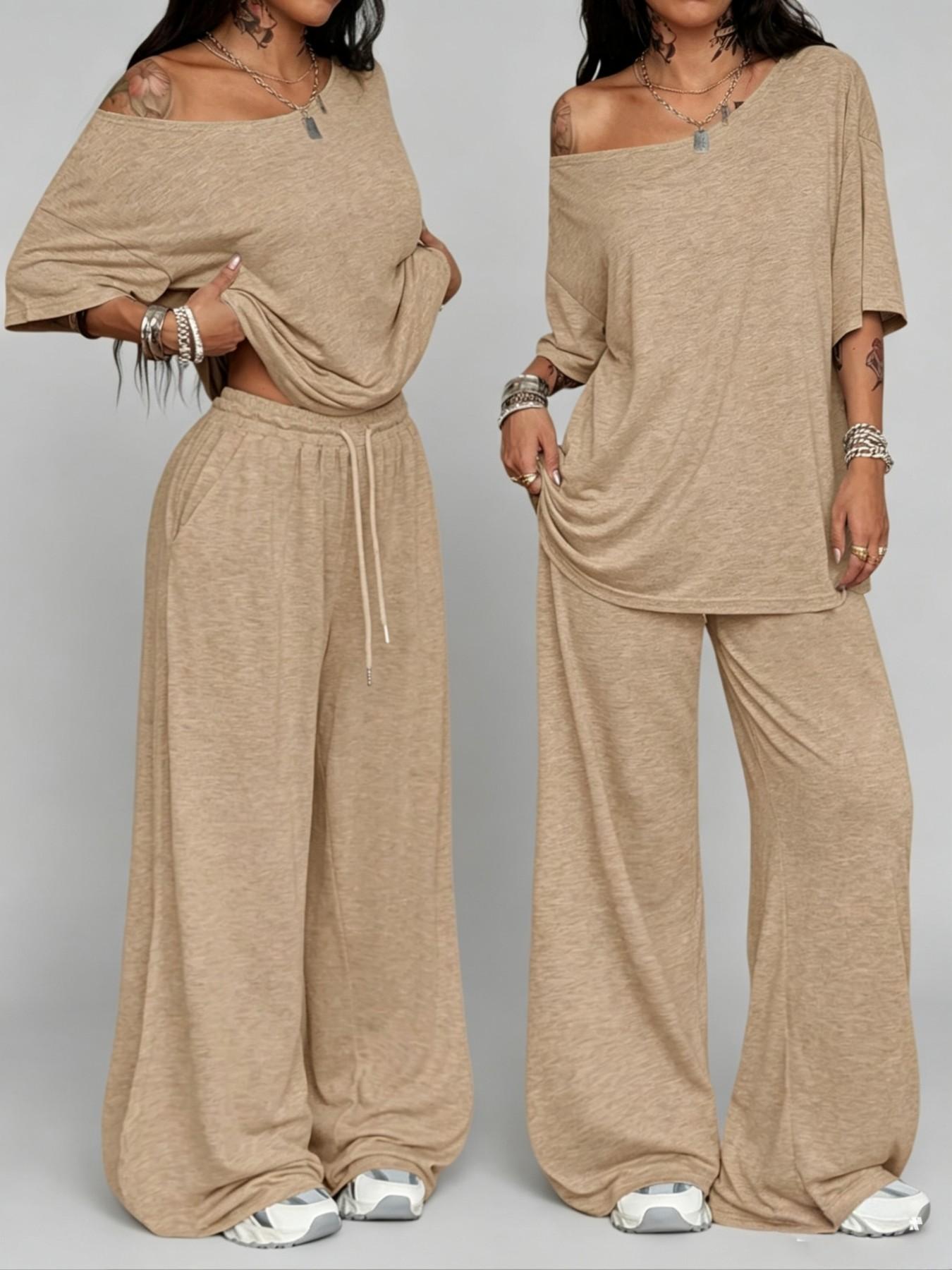 Women's Casual Solid Color Sport Two-Piece Set, Sweatsuit Loose Long Pants & Wide Leg Slant Neck Pant Suit, Spring & Fall Fashion