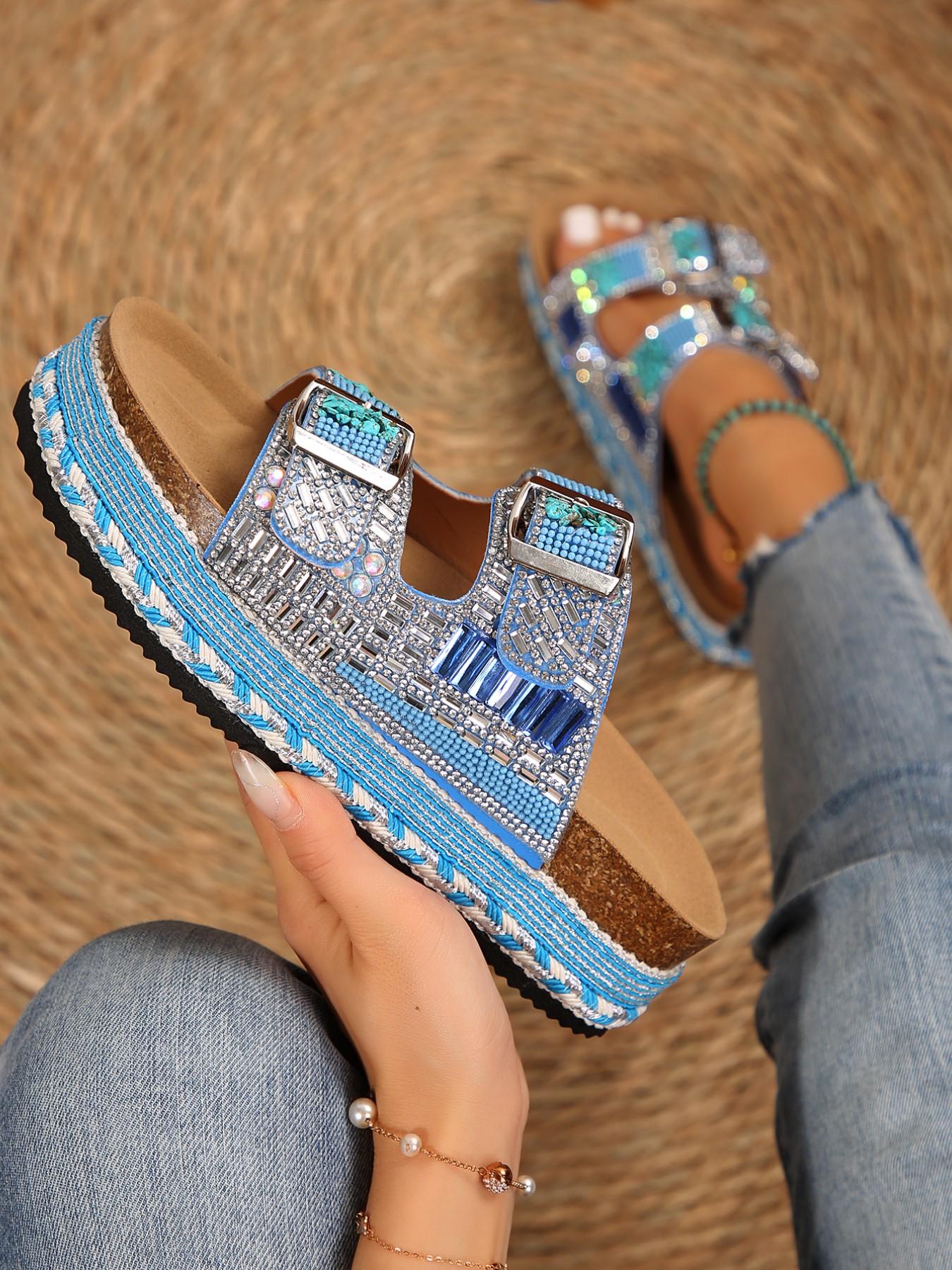 Women's Summer Fashion Thick Sole Sandals Bohemian Style Platform Slides 2026 New Trendy Rhinestone Colorful Stone Slippers O Wedge Beach Shoes Must-have for Coastal Vacation Flexible Sandals