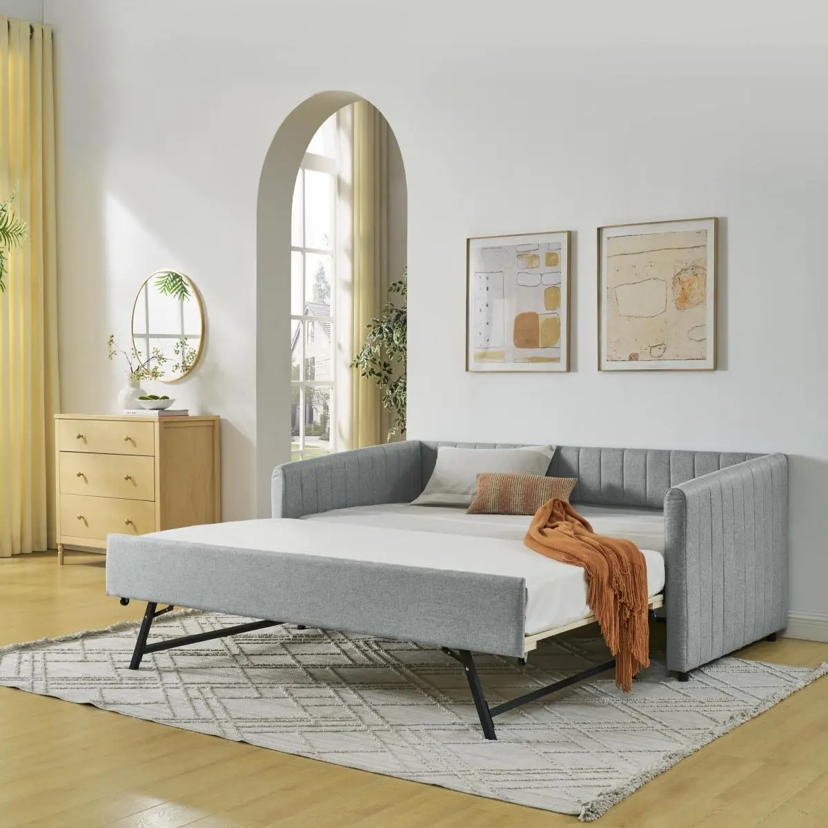 Queen Size Upholstered Daybed with Trundle and Two Storage Drawers, Linen Fabric with Vertical Stripes, Modern Bedroom Sofa Bed
