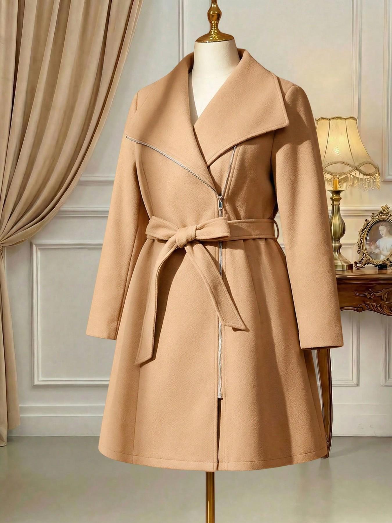 Plus Size Women’s Elegant Belted Coat, Long Sleeve Zip Front Lapel Outerwear, Chic Casual Fall Winter Long Jacket for Work, Going Out and Everyday Style
