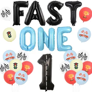 1Set Fast One Birthday Decorations Vintage Race Car Birthday Decorations with Fast One and Number 1 Foil Balloon Race Car Theme Balloons for 1anniversary Birthday Party Supplies Boys Girls