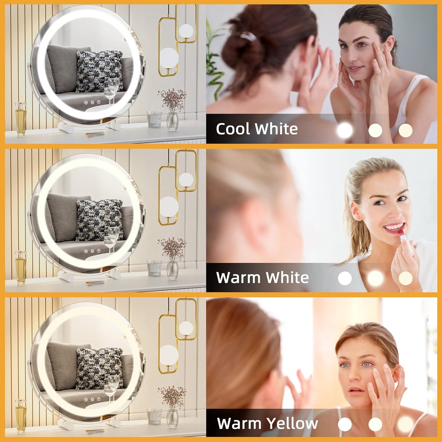 Anbuy 16'' Vanity Mirror with Lights, 3 Color Lighting Modes, 360° Rotation, Modern Frameless Round Mirror for Bedroom Tabletop